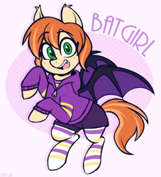 Size: 680x750 | Tagged: safe, artist:higglytownhero, derpibooru import, bat pony, pony, barbara gordon, batgirl, clothes, cute, dc comics, dc superhero girls, female, flying, hoodie, mare, open mouth, ponified, raised hoof, raised leg, shirt, shorts, socks, solo, striped socks, t-shirt