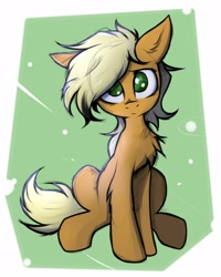 Size: 1280x1600 | Tagged: safe, artist:tatykin, derpibooru import, applejack, earth pony, pony, abstract background, chest fluff, cute, ear fluff, female, hatless, jackabetes, leg fluff, looking at you, mare, missing accessory, no pupils, sitting, solo