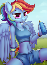 Size: 1660x2290 | Tagged: safe, artist:anti1mozg, derpibooru import, rainbow dash, anthro, pegasus, belly button, clothes, ear fluff, female, looking at you, mare, midriff, nos energy drink, shoulder fluff, sitting, smiling, smiling at you, solo, sports bra, wings