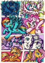 Size: 1451x2048 | Tagged: safe, artist:canvymamamoo, derpibooru import, applejack, fluttershy, opalescence, pinkie pie, princess celestia, princess luna, rainbow dash, rarity, twilight sparkle, twilight sparkle (alicorn), alicorn, earth pony, pegasus, pony, unicorn, blushing, chest fluff, ear fluff, female, frog (hoof), hoof shoes, jewelry, lying down, mane six, mare, open mouth, peytral, raised hoof, regalia, royal sisters, smiling, spread wings, tongue out, underhoof, wings