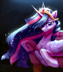 Size: 3280x3720 | Tagged: safe, artist:teaflower300, derpibooru import, princess twilight 2.0, twilight sparkle, twilight sparkle (alicorn), alicorn, pony, the last problem, cheek fluff, chest fluff, crown, ear fluff, female, high res, jewelry, looking at you, lying down, mare, necklace, older, older twilight, regalia, sofa, solo, tiara, unshorn fetlocks