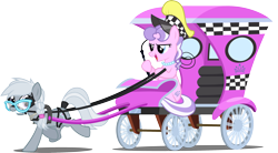 Size: 1280x707 | Tagged: safe, artist:silly-yellow-pone, derpibooru import, diamond tiara, silver spoon, earth pony, pony, blinders, bridle, harness, horses doing horse things, horses doing human things, older, older diamond tiara, older silver spoon, reins, simple background, tack, tail wrap, taxi, transparent background, whip