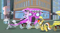 Size: 1280x719 | Tagged: safe, artist:silly-yellow-pone, derpibooru import, diamond tiara, silver spoon, oc, oc:checker, earth pony, pony, blinders, bridle, city, female, harness, horses doing horse things, horses doing human things, mare, older, older diamond tiara, older silver spoon, reins, tack, tail wrap, taxi, whip