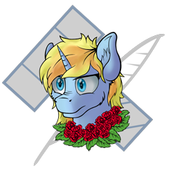 Size: 5000x5000 | Tagged: safe, artist:yognaughtsteve, derpibooru import, oc, oc only, oc:skydreams, pony, unicorn, bust, cutie mark background, female, flower, mare, rose, simple background, solo, stare, transparent background, ych result