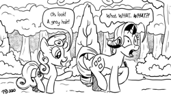 Size: 1200x675 | Tagged: safe, artist:pony-berserker, derpibooru import, rarity, sweetie belle, pony, unicorn, pony-berserker's twitter sketches, cutie mark, dialogue, female, filly, grey hair, lineart, mare, monochrome, partial color, sketch, surprised, the cmc's cutie marks
