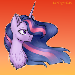 Size: 3000x3000 | Tagged: safe, artist:darklight1315, derpibooru import, princess twilight 2.0, twilight sparkle, twilight sparkle (alicorn), alicorn, pony, the last problem, spoiler:s09, :3, beautiful, bust, cheek fluff, chest fluff, ear fluff, ethereal mane, female, flowing mane, gradient background, high res, mare, older, older twilight, smiling, solo, sunset