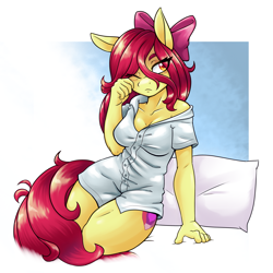 Size: 2200x2200 | Tagged: safe, artist:ambris, apple bloom, anthro, earth pony, adorabloom, adorasexy, apple bloom's bow, apple bloomed, applebucking thighs, bed, blushing, bottomless, bow, breasts, cleavage, clothes, cute, cutie mark, dress shirt, eye clipping through hair, eyelashes, female, hair bow, mare, messy mane, messy tail, morning ponies, no bra underneath, off shoulder, older, older apple bloom, one eye closed, partial nudity, pillow, rubbing eyes, sexy, shirt, sitting, sleepy, solo