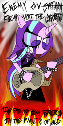 Size: 1080x2160 | Tagged: safe, artist:arterialblack716, derpibooru import, starlight glimmer, anthro, pony, unicorn, angry, black metal, christian black metal, christianity, clothes, corpse paint, cross necklace, emo, eye clipping through hair, fire, goth, guitar, metal, musical instrument, pants, shirt, solo, spiked wristband, starlight glimmer day, teenage glimmer, teenager, unblack metal, wristband