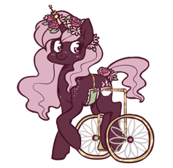 Size: 960x935 | Tagged: safe, artist:spetu, derpibooru import, oc, oc only, oc:rose tea (spetu), pony, unicorn, female, flower, flower in hair, freckles, horn, horn jewelry, jewelry, mare, simple background, solo, wheelchair, white background