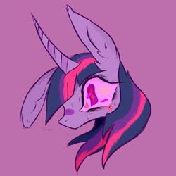 Size: 677x677 | Tagged: safe, artist:junko, derpibooru exclusive, derpibooru import, twilight sparkle, unicorn twilight, pony, unicorn, big ears, big eyes, colored, colored sketch, digital art, ear fluff, eyelashes, female, head shot, lazy background, long ears, mare, messy, messy lines, messy mane, no mouth, paint tool sai, purple background, simple background, sketch, solo, stylized, sweat, sweatdrop, twilight snapple