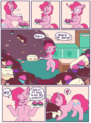 Size: 3109x4172 | Tagged: safe, artist:fatfurparadise, part of a set, pinkie pie, earth pony, pony, bipedal, cake, candy, comic, cupcake, food, sequence, solo, sugarcube corner, sweets, this will end in weight gain