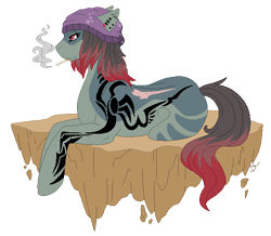 Size: 600x522 | Tagged: safe, artist:theblackcatstale, derpibooru import, oc, oc only, oc:bonnie, earth pony, pony, beanie, cigarette, ear piercing, earth pony oc, eyelashes, female, floating island, hat, makeup, mare, piercing, prone, scar, simple background, smoking, solo, tattoo, transparent background