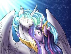 Size: 1600x1200 | Tagged: safe, artist:not-ordinary-pony, derpibooru import, princess celestia, twilight sparkle, alicorn, pony, crown, crying, duo, female, glowing eyes, jewelry, mare, regalia