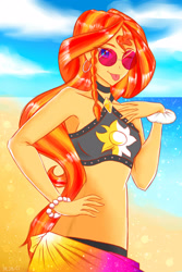 Size: 2362x3543 | Tagged: safe, artist:dragonemperror2810, sunset shimmer, equestria girls, equestria girls series, forgotten friendship, :p, armpits, beach, bikini, bracelet, braid, clothes, cloud, cute, ear piercing, earring, female, jewelry, looking at you, midriff, ocean, one eye closed, piercing, pixiv, sand, shimmerbetes, silly, sky, solo, sparkling, summer sunset, sunglasses, swimsuit, tongue out, water, wink