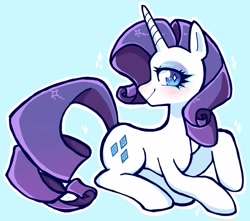 Size: 2048x1808 | Tagged: safe, artist:agent_dinky, artist:dinky-ink, derpibooru import, rarity, pony, unicorn, blue background, blushing, cute, female, looking at you, mare, no pupils, profile, prone, raribetes, simple background, solo