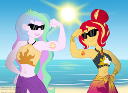 Size: 1309x950 | Tagged: safe, artist:niban-destikim, princess celestia, principal celestia, sunset shimmer, better together, equestria girls, alternate hairstyle, alternative cutie mark placement, armpits, beach, biceps, bikini, bracelet, catasterism, clothes, commission, cutie mark tattoo, duo, flexing, hair up, jewelry, muscles, praise the sun, praise the sunset, princess musclestia, principal musclestia, summer sunset, sunglasses, sunset lifter, sunshine shimmer, swimsuit, tattoo