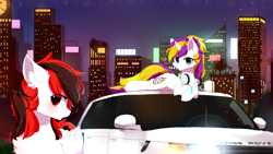 Size: 3840x2160 | Tagged: safe, artist:heddopen, derpibooru import, oc, oc only, oc:gliterry, oc:sprinkles, pegasus, pony, unicorn, background pony, building, car, chest fluff, city, ear fluff, female, headphones, jewelry, looking at you, necklace, night, range rover