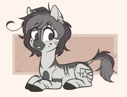 Size: 917x696 | Tagged: safe, artist:higglytownhero, derpibooru import, oc, oc only, oc:polka dot, zebra, abstract background, cute, female, freckles, lying down, mare, messy mane, prone, race swap, solo, zebra oc