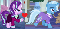 Size: 774x381 | Tagged: safe, derpibooru import, edit, edited screencap, screencap, starlight glimmer, trixie, pony, unicorn, the last problem, cropped, female, lesbian, shipping, shipping domino, startrix