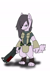 Size: 1451x2048 | Tagged: safe, artist:omegapony16, derpibooru import, oc, oc only, anthro, diamond dog, digitigrade anthro, clothes, diamond dog oc, female, female diamond dog, gun, hair over one eye, simple background, soldier, solo, weapon, white background