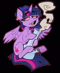 Size: 1300x1600 | Tagged: safe, artist:klhpyro, derpibooru import, twilight sparkle, twilight sparkle (alicorn), alicorn, pony, beanie, black background, bong, clothes, drugs, ear piercing, female, hat, high, highlight sparkle, mare, marijuana, open mouth, piercing, simple background, solo, spread wings, stoned, stoner twilight, vulgar description, wings