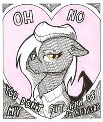 Size: 881x1044 | Tagged: safe, artist:ravenpuff, derpibooru import, oc, oc:lotus, bat pony, pony, beret, bust, female, hat, mare, portrait, solo, traditional art