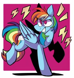 Size: 1117x1166 | Tagged: safe, artist:klhpyro, derpibooru import, rainbow dash, pegasus, pony, action pose, backwards cutie mark, female, grin, lightning, looking at you, mare, smiling, solo, symbol