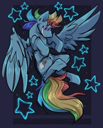 Size: 829x1024 | Tagged: safe, artist:klhpyro, derpibooru import, rainbow dash, pegasus, pony, ear piercing, female, flying, grin, looking down, mare, night, piercing, smiling, solo, spread wings, stars, wings