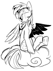 Size: 1278x1700 | Tagged: safe, artist:klhpyro, derpibooru import, rainbow dash, pegasus, pony, chest fluff, cloud, female, mare, monochrome, on a cloud, open mouth, simple background, sitting, sitting on cloud, sketch, smiling, solo, spread wings, white background, wings