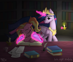 Size: 1778x1507 | Tagged: safe, artist:serenepony, derpibooru import, luster dawn, princess twilight 2.0, twilight sparkle, twilight sparkle (alicorn), alicorn, pony, unicorn, the last problem, blanket, book, bookshelf, candle, crown, cup, cute, desk, digital art, evening, female, ink, inkwell, jewelry, library, lusterbetes, magic, mama twilight, mare, momlight sparkle, motherly, parchment, quill, regalia, sleeping, smiling, table