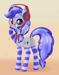 Size: 1024x1295 | Tagged: safe, artist:dusthiel, derpibooru import, oc, oc only, oc:cinnabyte, earth pony, pony, bandana, blue eyes, butt, chest fluff, clothes, dock, dork, earth pony oc, female, gaming headset, glasses, headphones, headset, looking at you, looking back, looking back at you, mare, plot, rear view, socks, solo, striped socks