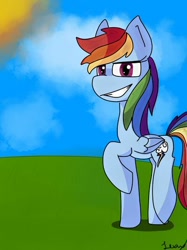 Size: 400x534 | Tagged: safe, artist:lexuslove1234, derpibooru import, rainbow dash, pegasus, pony, grass, sky, smiling, solo, sun