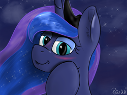 Size: 1600x1200 | Tagged: source needed, safe, artist:kalashnikitty, derpibooru import, princess luna, alicorn, pony, blushing, colored sketch, cute, ethereal mane, female, galaxy mane, looking at you, mare, night, night sky, sky, smiling, smirk, solo, someone boop this pony