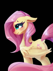 Size: 600x800 | Tagged: safe, artist:l8lhh8086, fluttershy, pegasus, pony, blushing, dock, female, floppy ears, looking away, mare, melancholy, sad, simple background, solo, wings