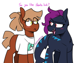 Size: 639x531 | Tagged: safe, artist:redxbacon, derpibooru import, oc, oc only, oc:bloody crunch, oc:calamari sunrise, earth pony, original species, pony, shark, shark pony, dialogue, duo, looking at each other, simple background, white background