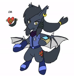 Size: 2004x2048 | Tagged: safe, alternate version, artist:omegapony16, derpibooru import, oc, oc only, oc:oriponi, bat pony, pony, bat pony oc, bat wings, bipedal, clothes, colored, ear piercing, earring, frown, jewelry, piercing, scarf, simple background, solo, spread wings, white background, wings