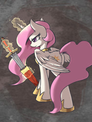 Size: 600x800 | Tagged: safe, artist:l8lhh8086, princess celestia, alicorn, pony, magic, pink-mane celestia, scabbard, solo, sword, telekinesis, warrior celestia, weapon, younger