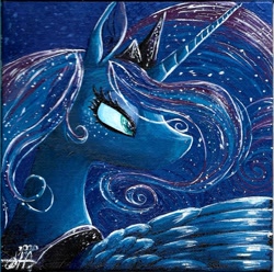 Size: 1205x1197 | Tagged: safe, artist:yourfavoritesoybean, derpibooru import, princess luna, alicorn, pony, acrylic painting, bust, ethereal mane, female, lidded eyes, mare, portrait, signature, solo, starry mane, traditional art