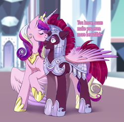 Size: 2851x2795 | Tagged: safe, artist:djkaskan, derpibooru import, princess cadance, tempest shadow, alicorn, pony, unicorn, armor, broken horn, crack shipping, crystal empire, female, horn, infidelity, lesbian, mare, royal guard, shipping, tempest becomes a royal guard, tempestdance