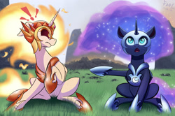 Size: 2500x1658 | Tagged: safe, artist:foughtdragon01, daybreaker, nightmare moon, alicorn, pony, armor, cute, diabreaker, duo, female, filly, flowing mane, helmet, mare, moonabetes, nightmare woon, pointing, sisters, sitting, surprised, younger