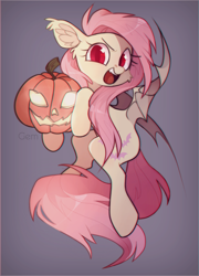 Size: 1442x2000 | Tagged: safe, artist:angrygem, fluttershy, bat pony, pony, bat wings, boo, cute, ear fluff, female, flutterbat, gradient background, halloween, head turn, holiday, hoof hold, jack-o-lantern, looking at you, mare, open mouth, pumpkin, race swap, red eyes, shyabates, shyabetes, solo, spread wings, wings