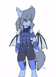 Size: 1496x2048 | Tagged: safe, alternate version, artist:omegapony16, derpibooru import, oc, oc:oriponi, anthro, bat pony, unguligrade anthro, arm hooves, armor, bat pony oc, bat wings, clothes, colored, female, flack jacket, scarf, signature, soldier, solo, vest, wings