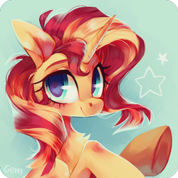 Size: 2000x2000 | Tagged: safe, artist:angrygem, sunset shimmer, pony, unicorn, abstract background, bust, chest fluff, chromatic aberration, cute, female, looking at you, mare, shimmerbetes, solo, stars, underhoof