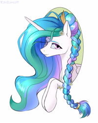Size: 2000x2500 | Tagged: safe, artist:kirasunnight, derpibooru import, princess celestia, alicorn, pony, alternate hairstyle, braid, braided ponytail, bust, crown, cute, cutelestia, female, flower in hair, grin, hair bun, high res, jewelry, lidded eyes, looking at you, mare, multicolored mane, portrait, regalia, signature, simple background, smiling, solo, white background