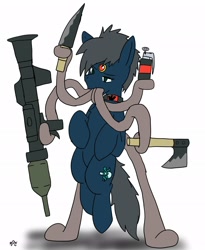 Size: 1680x2048 | Tagged: safe, alternate version, artist:omegapony16, derpibooru import, oc, oc only, monster pony, original species, tatzlpony, axe, collar, colored, grenade, knife, prehensile tongue, rocket launcher, signature, simple background, solo, tentacle tongue, tentacles, weapon, white background