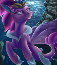 Size: 1750x2000 | Tagged: safe, artist:com3tfire, derpibooru import, queen novo, seapony (g4), my little pony: the movie, bubble, clothes, coral, crown, eyelashes, fins, fish tail, jewelry, ocean, purple eyes, regalia, rock, see-through, solo, sunlight, swimming, tail, underwater, water, wings