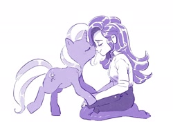 Size: 2048x1536 | Tagged: safe, artist:chapaghettii, derpibooru import, starlight glimmer, trixie, human, pony, unicorn, clothes, eyes closed, female, human on pony action, humanized, interspecies, kissing, lesbian, monochrome, shipping, sitting, skirt, skirt suit, smiling, startrix, stockings, suit, thigh highs