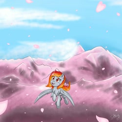 Size: 2000x2000 | Tagged: safe, artist:shinycyan, derpibooru import, oc, oc:tridashie, pegasus, blue sky, cherry blossoms, flower, flower blossom, flying, happy, mountain, pink, solo, spring