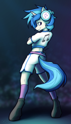 Size: 2300x4000 | Tagged: safe, artist:ohemo, derpibooru import, dj pon-3, vinyl scratch, anthro, unguligrade anthro, abstract background, boots, clothes, female, high res, hoof boots, kneesocks, looking at you, looking back, midriff, profile, shoes, short shirt, shorts, smiling, socks, solo