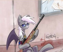 Size: 640x529 | Tagged: safe, artist:美味的芥末, derpibooru import, oc, oc only, oc:night wind, bat pony, pony, bat pony oc, bat wings, glasses, gun, looking at you, sitting, solo, weapon, wings